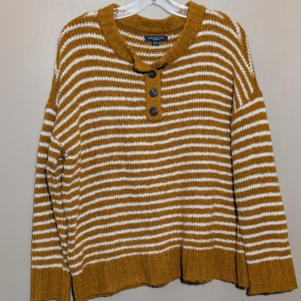 American Eagle Mustard Stripe Henley Jegging Fit Sweater Oversized Chunky Medium